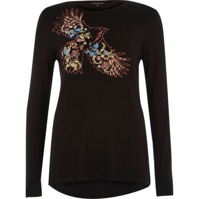 Black floral bird print long sleeve T-shirt